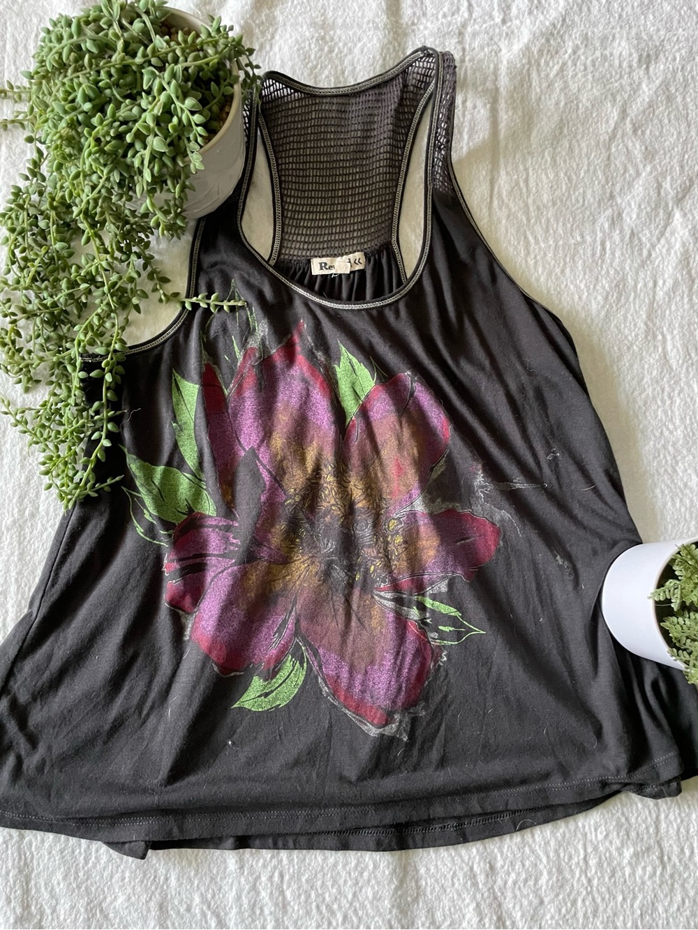 Rewind Black Floral Tank with Pink and Green Bloom
